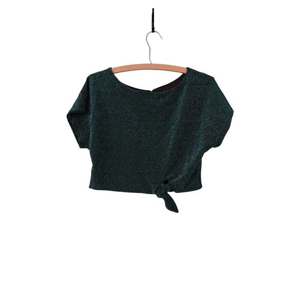 City Studio Womens Large Green Lined Shiny Tie Waist Short Sleeve Crop Top - Picture 1 of 3